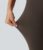 High Waisted Tummy Control Stretchy PU Yoga Leggings with Pockets — Hot Fudge — view 7