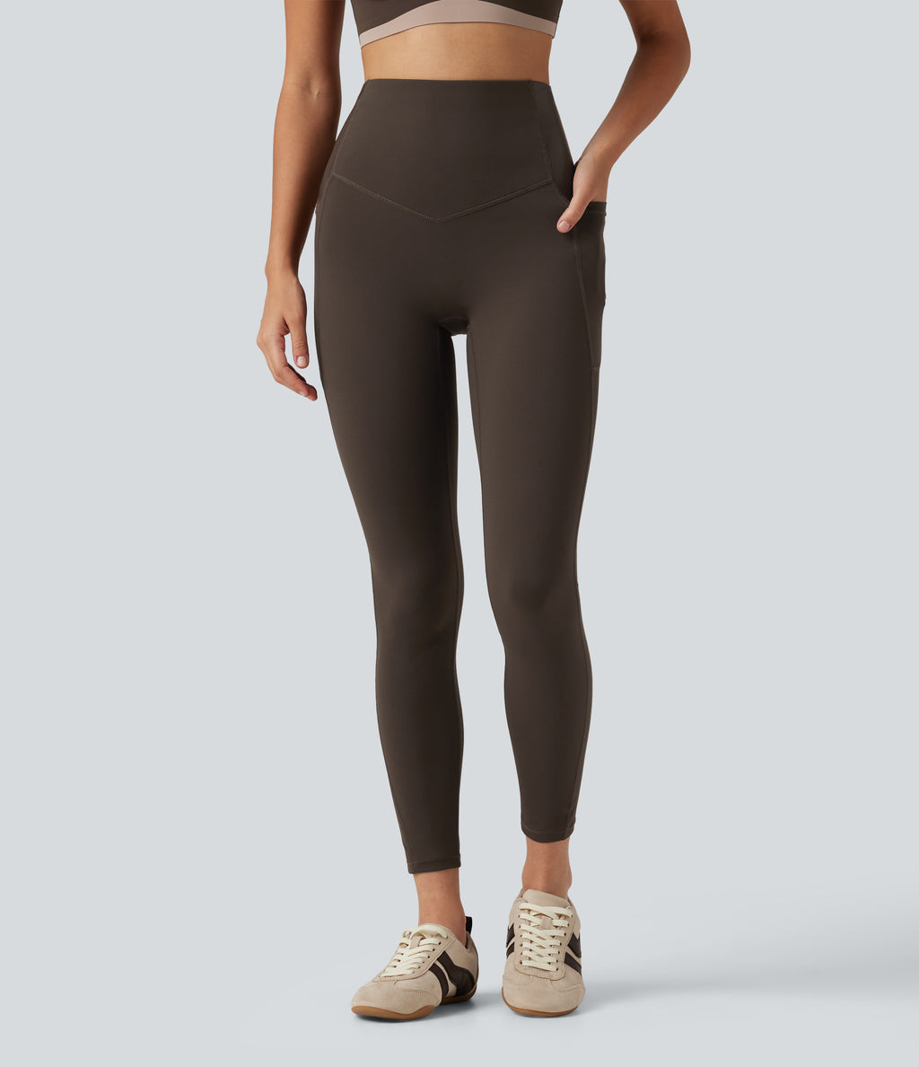 High Waisted Tummy Control Stretchy PU Yoga Leggings with Pockets — Hot Fudge — view 3