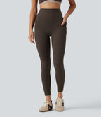 High Waisted Tummy Control Stretchy PU Yoga Leggings with Pockets — Hot Fudge — view 3