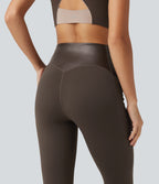 High Waisted Tummy Control Stretchy PU Yoga Leggings with Pockets — Hot Fudge — view 5