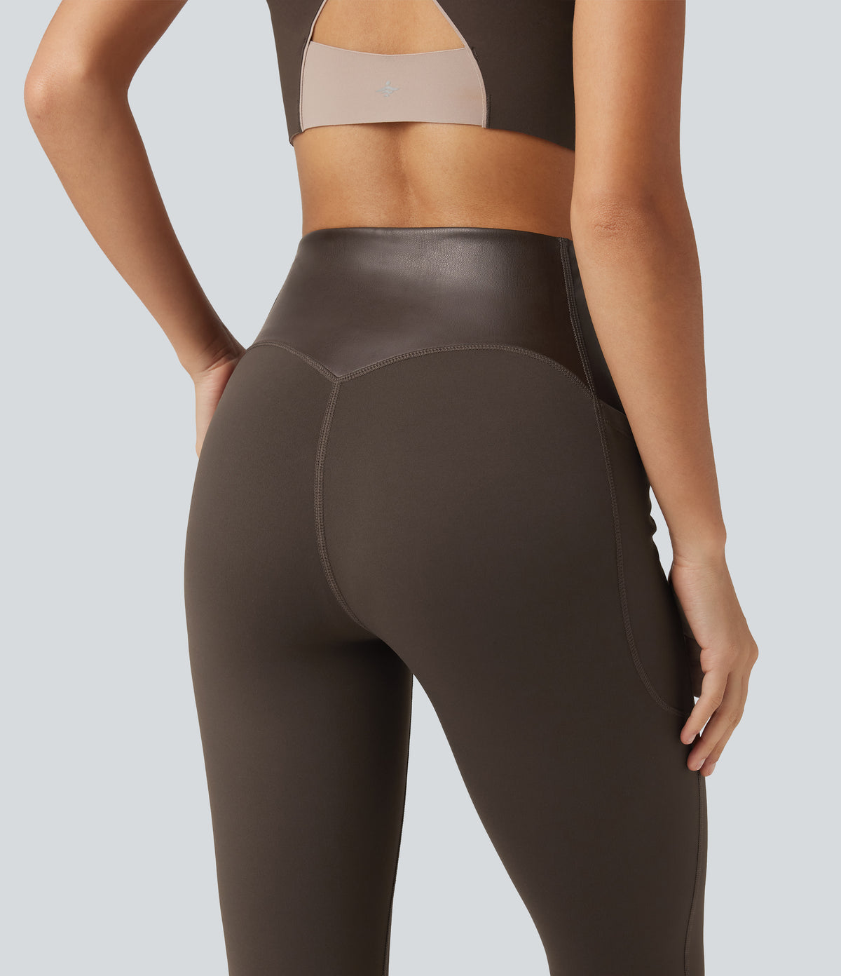 High Waisted Tummy Control Stretchy PU Yoga Leggings with Pockets — Hot Fudge — view 5