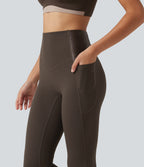 High Waisted Tummy Control Stretchy PU Yoga Leggings with Pockets — Hot Fudge — view 4