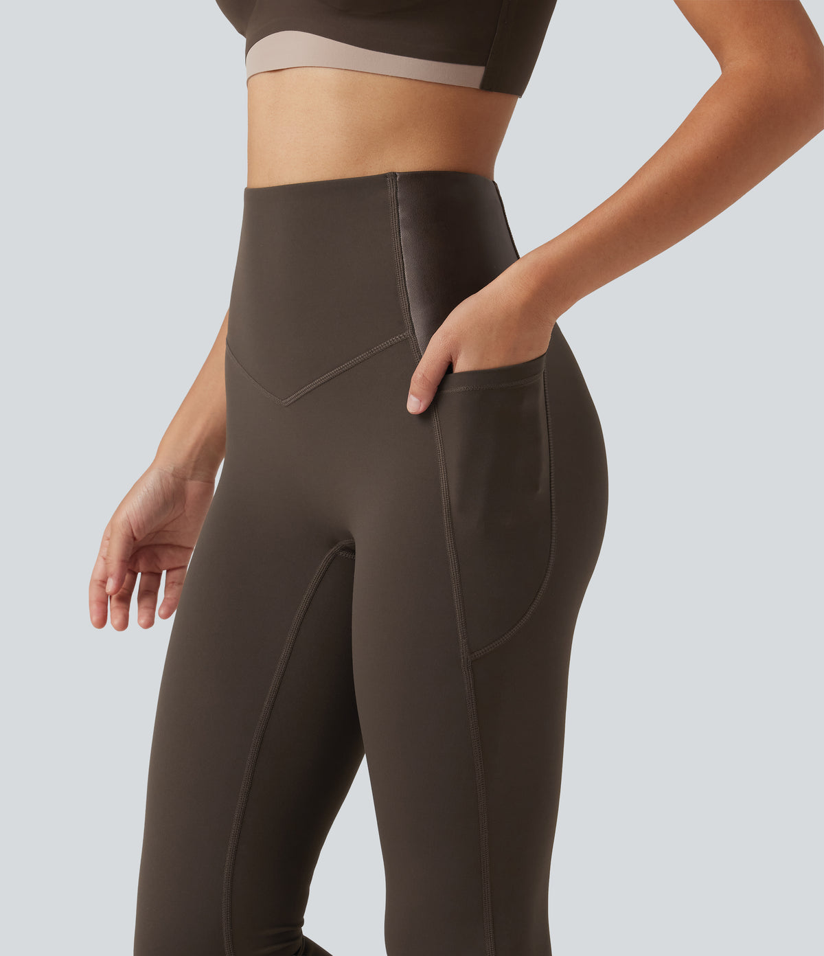 High Waisted Tummy Control Stretchy PU Yoga Leggings with Pockets — Hot Fudge — view 4