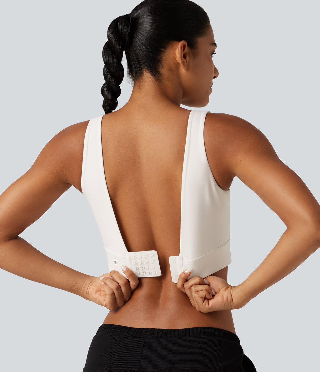 Medium Support Backless Adjustable Buckle Built-in Bra Training Sports Bra DD-F Cups — White — view 5