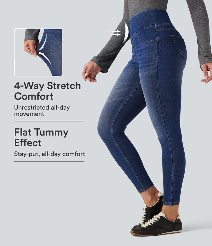 High Waisted Tummy Control Skinny Denim Casual Jeans with Pockets — Estate Blue Denim — view 1