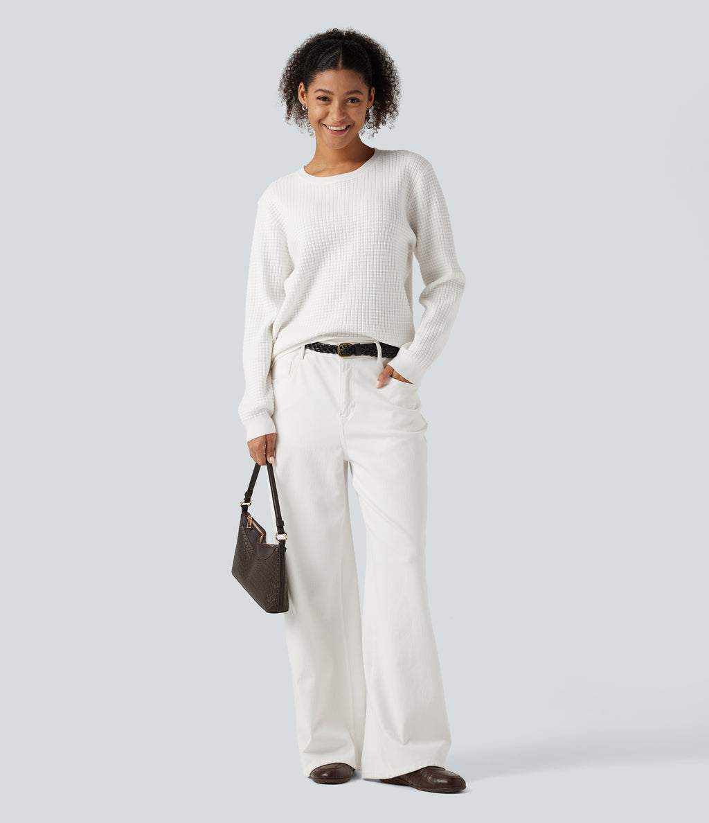 Round Neck Long Sleeve Waffle Casual Jumper — Jasmine White — view 7
