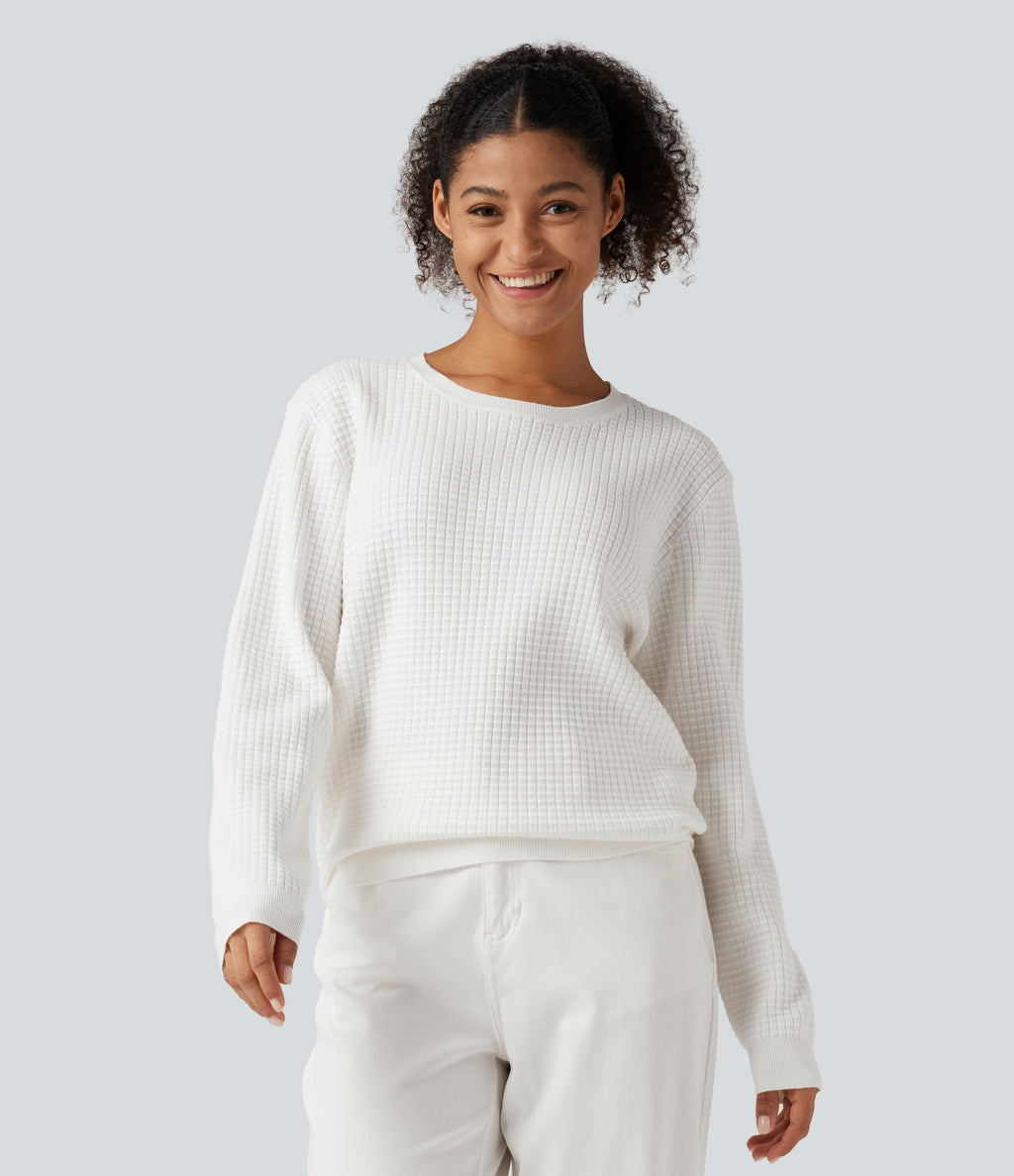 Round Neck Long Sleeve Waffle Casual Jumper — Jasmine White — view 4