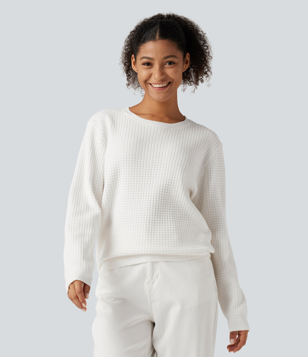 Round Neck Long Sleeve Waffle Casual Jumper — Jasmine White — view 4