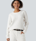 Round Neck Long Sleeve Waffle Casual Jumper — Jasmine White — view 5