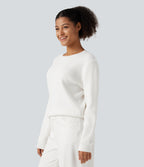 Round Neck Long Sleeve Waffle Casual Jumper — Jasmine White — view 3