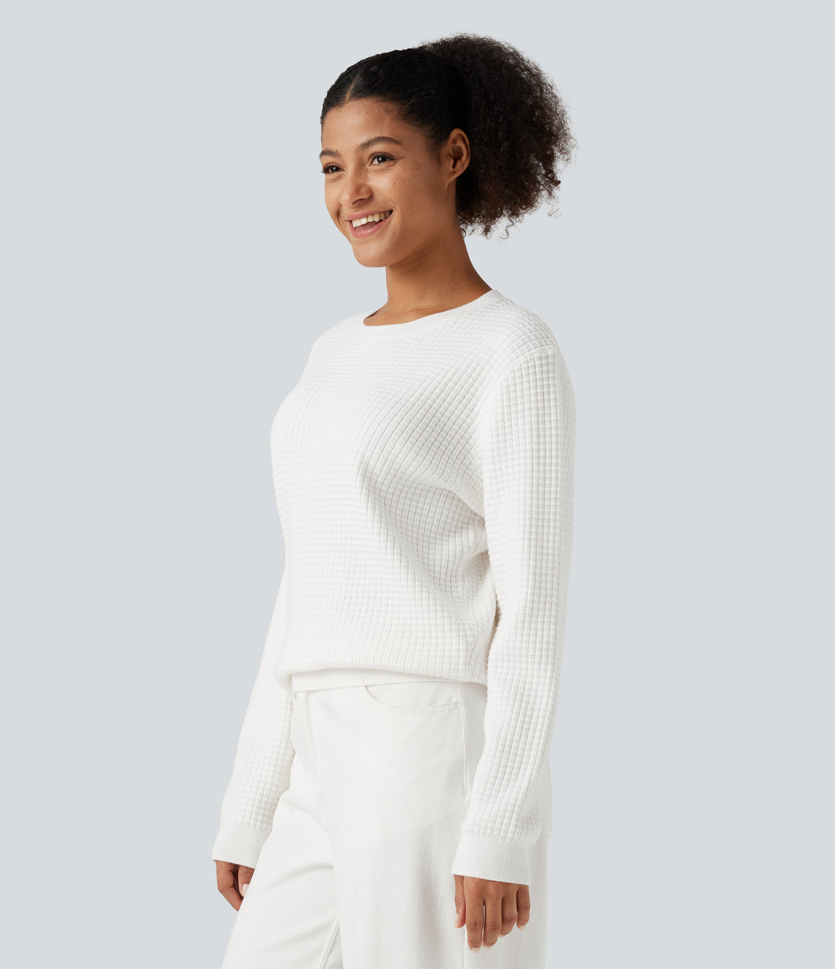 Round Neck Long Sleeve Waffle Casual Jumper — Jasmine White — view 3
