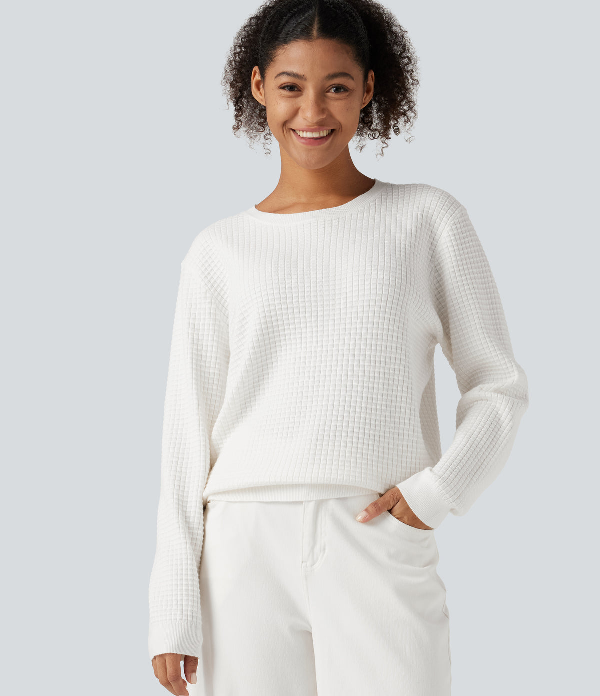 Round Neck Long Sleeve Waffle Casual Jumper — Jasmine White — view 1