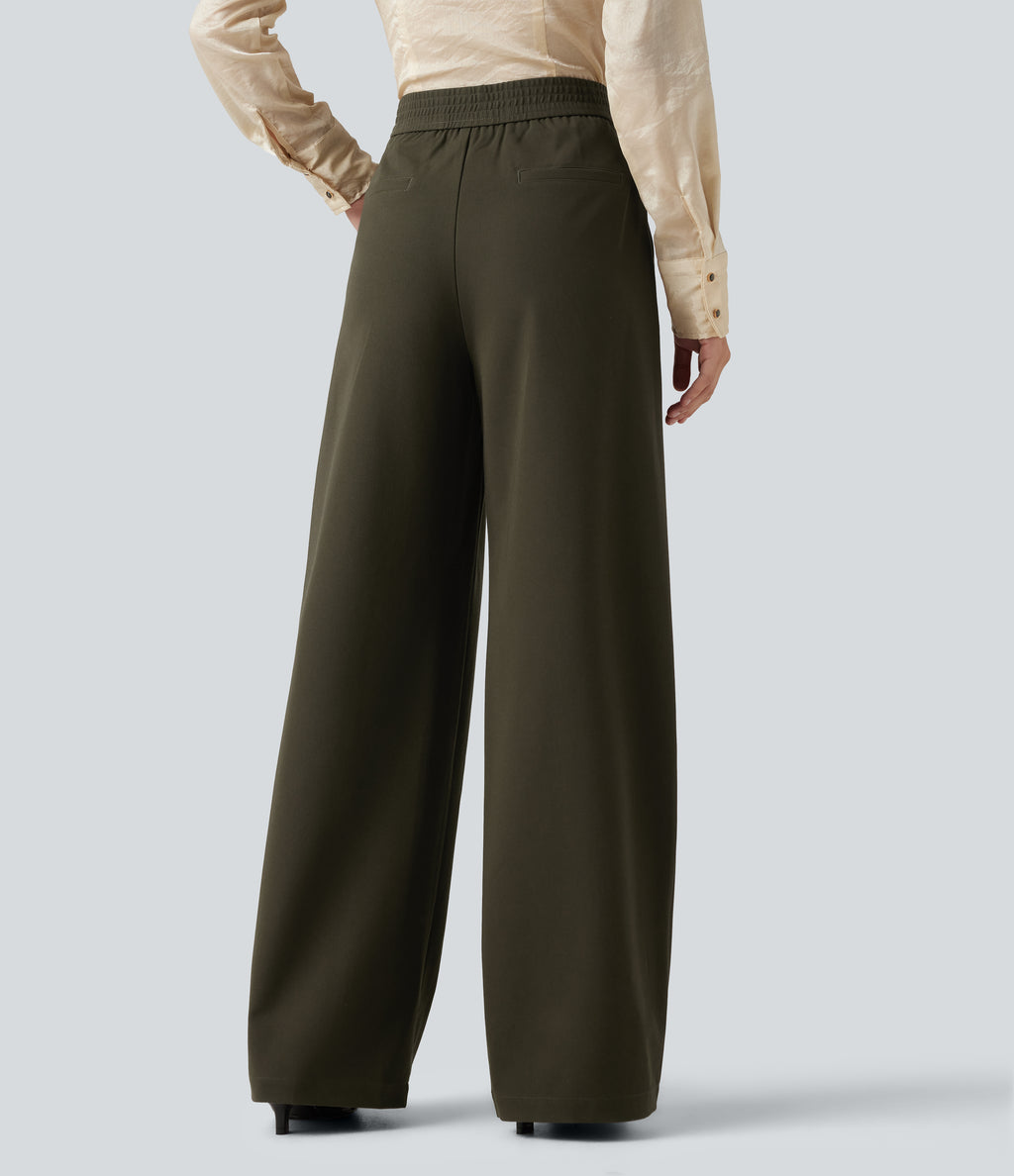 High Waisted Wide Leg Work Trousers with Pockets — Forest Night — view 2