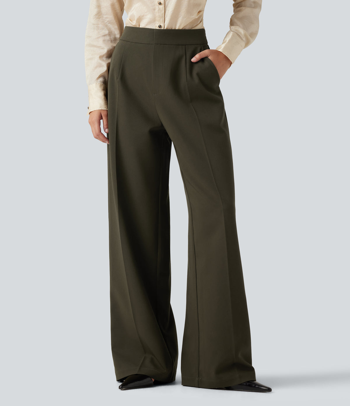 High Waisted Wide Leg Work Trousers with Pockets — Forest Night — view 1
