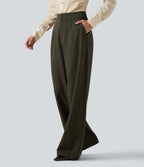 High Waisted Wide Leg Work Trousers with Pockets — Forest Night — view 3