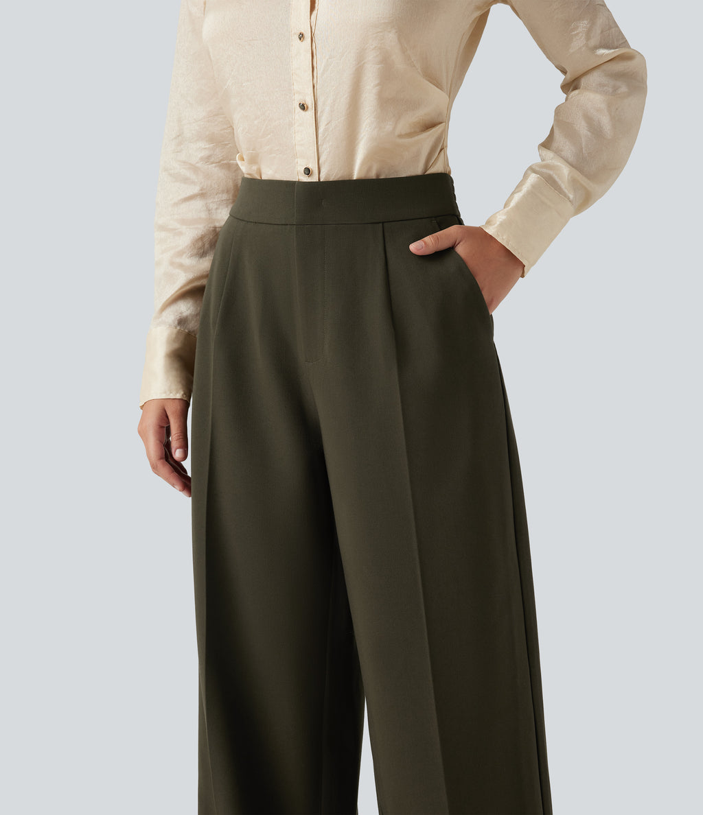 High Waisted Wide Leg Work Trousers with Pockets — Forest Night — view 4