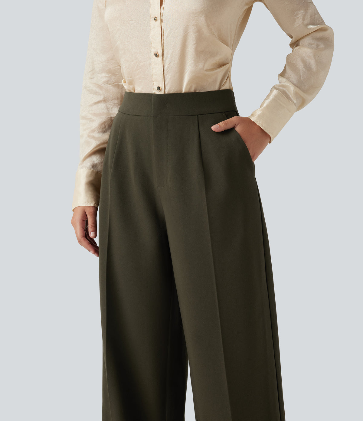 High Waisted Wide Leg Work Trousers with Pockets — Forest Night — view 4