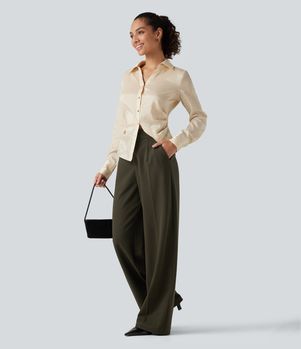 High Waisted Wide Leg Work Trousers with Pockets — Forest Night — view 6