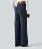 High Waisted Contrast Lace Straight Leg Work Trousers with Pockets — Midnight Blue — view 2