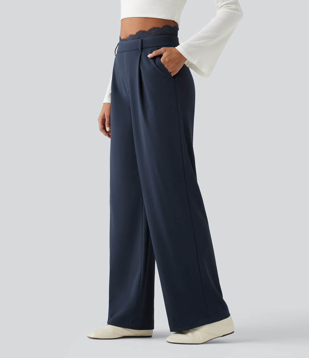 High Waisted Contrast Lace Straight Leg Work Trousers with Pockets — Midnight Blue — view 3