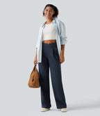 High Waisted Contrast Lace Straight Leg Work Trousers with Pockets — Midnight Blue — view 7