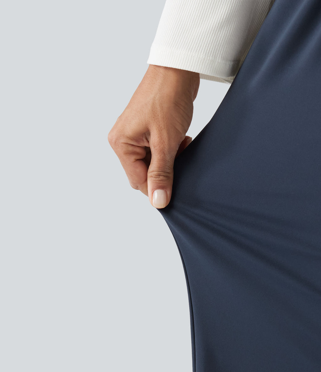 High Waisted Contrast Lace Straight Leg Work Trousers with Pockets — Midnight Blue — view 6