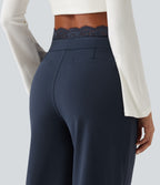 High Waisted Contrast Lace Straight Leg Work Trousers with Pockets — Midnight Blue — view 4