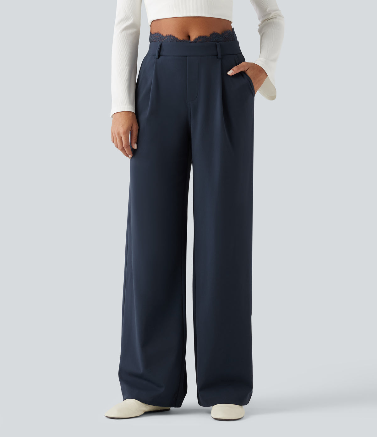 High Waisted Contrast Lace Straight Leg Work Trousers with Pockets — Midnight Blue — view 1