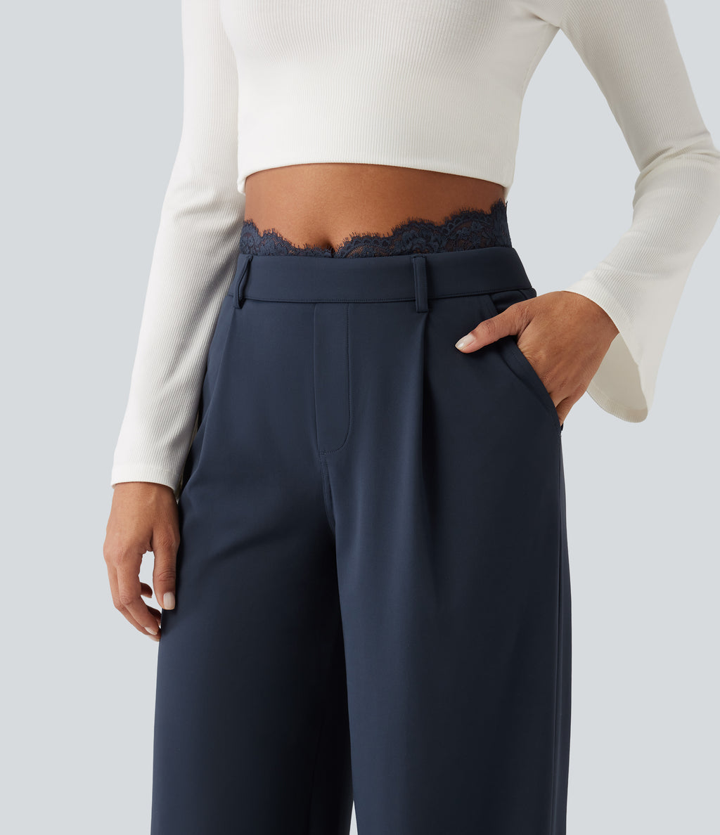 High Waisted Contrast Lace Straight Leg Work Trousers with Pockets — Midnight Blue — view 5