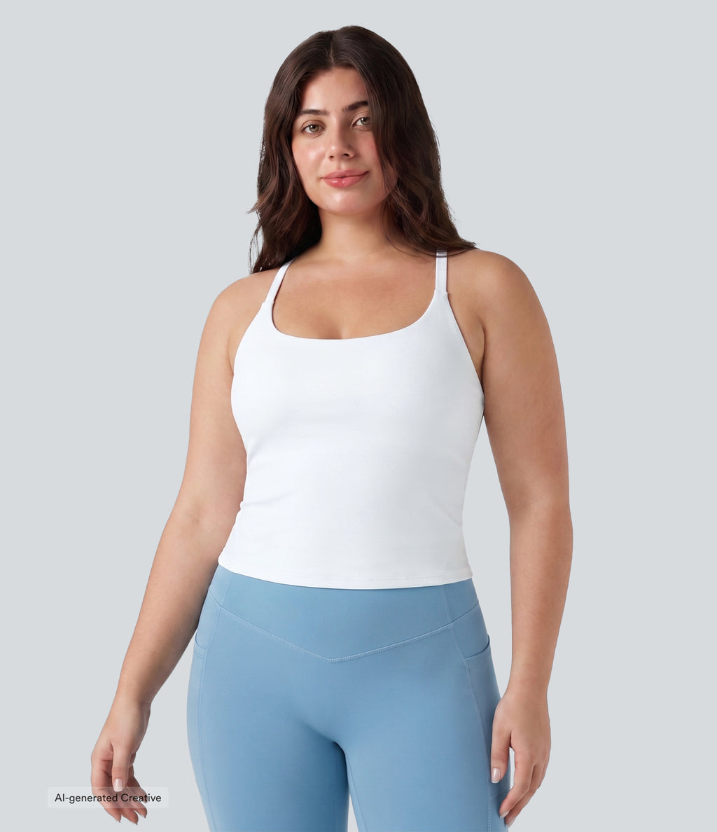 Plus Size Scoop Neck Crisscross Back Crossover Hem Yoga Cami Top — White — view 2