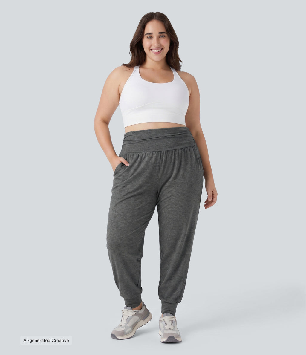 Plus Size High Waisted Ruched Heathered Yoga Joggers with Pockets — Darl Gray Floral Yarn — view 5
