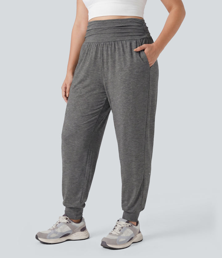 Plus Size High Waisted Ruched Heathered Yoga Joggers with Pockets — Darl Gray Floral Yarn — view 1