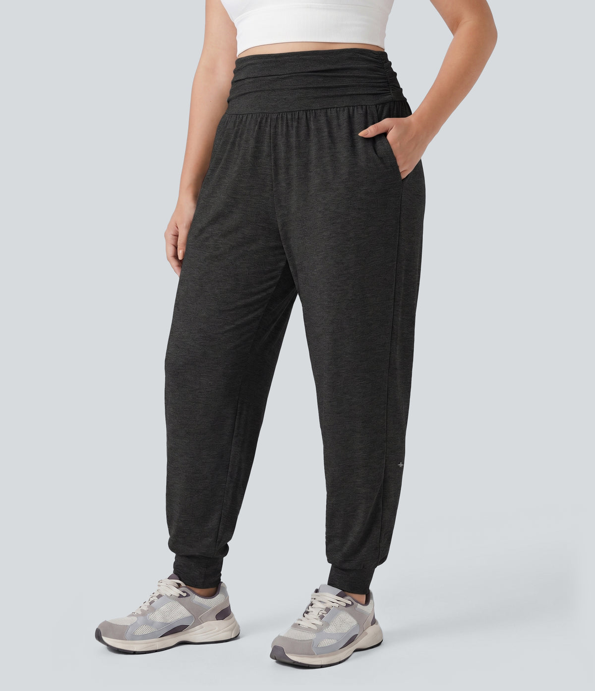 Plus Size High Waisted Ruched Heathered Yoga Joggers with Pockets — Black — view 6