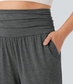 Plus Size High Waisted Ruched Heathered Yoga Joggers with Pockets — Darl Gray Floral Yarn — view 4