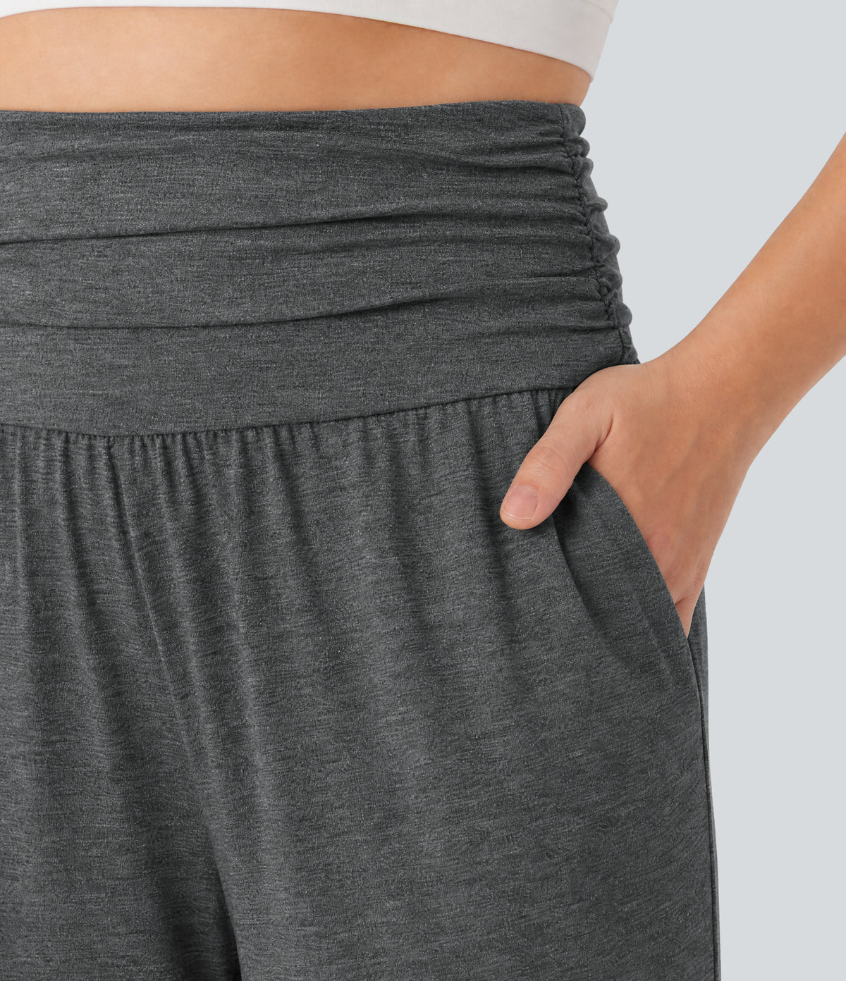 Plus Size High Waisted Ruched Heathered Yoga Joggers with Pockets — Darl Gray Floral Yarn — view 4