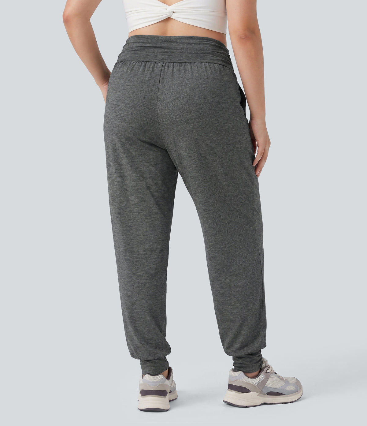 Plus Size High Waisted Ruched Heathered Yoga Joggers with Pockets — Darl Gray Floral Yarn — view 2