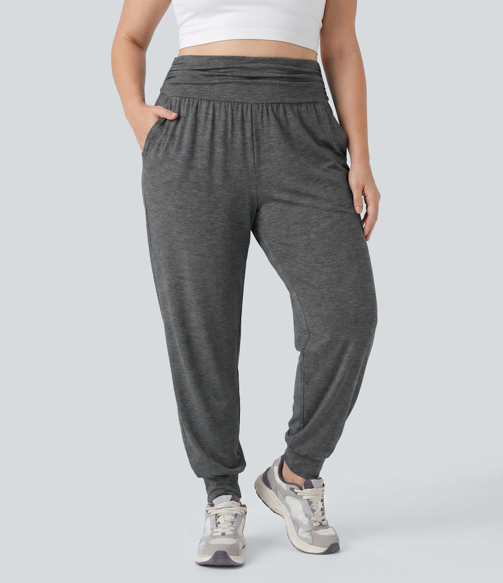 Plus Size High Waisted Ruched Heathered Yoga Joggers with Pockets — Darl Gray Floral Yarn — view 3