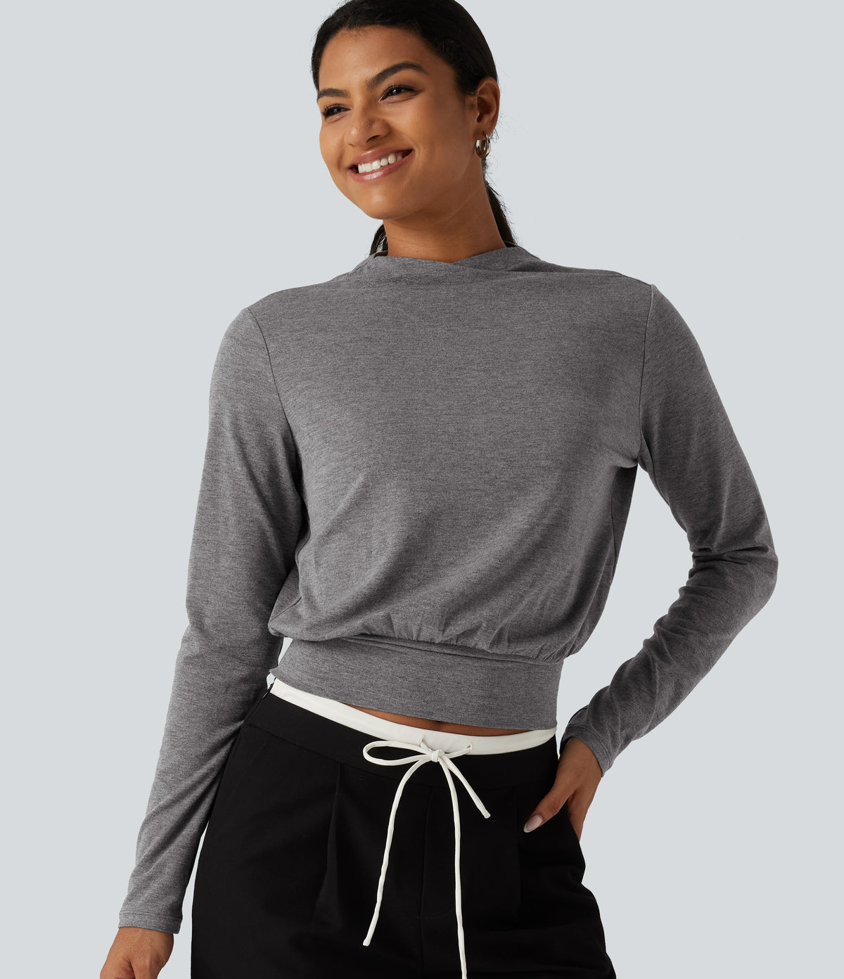 Mock Neck Long Sleeve Boxy Casual Top — Darl Gray Floral Yarn — view 1