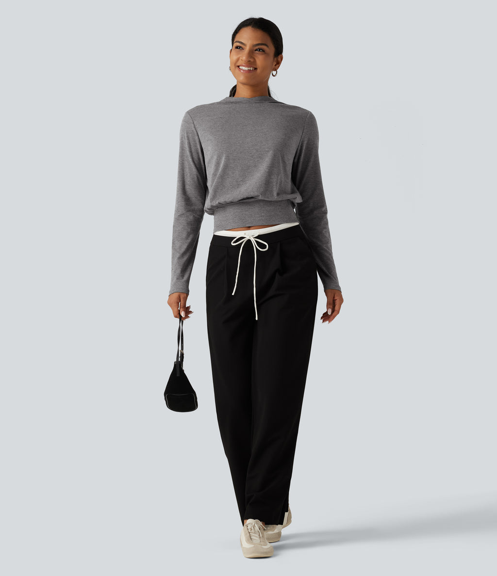 Mock Neck Long Sleeve Boxy Casual Top — Darl Gray Floral Yarn — view 6