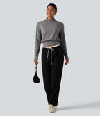 Mock Neck Long Sleeve Boxy Casual Top — Darl Gray Floral Yarn — view 6