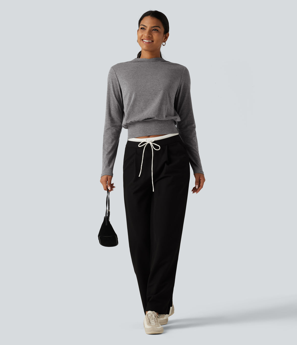 Mock Neck Long Sleeve Boxy Casual Top — Darl Gray Floral Yarn — view 6