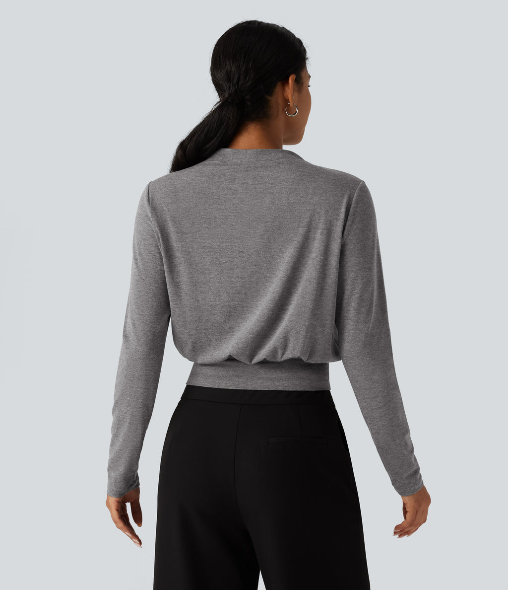Mock Neck Long Sleeve Boxy Casual Top — Darl Gray Floral Yarn — view 2