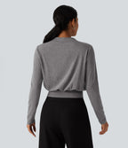 Mock Neck Long Sleeve Boxy Casual Top — Darl Gray Floral Yarn — view 2