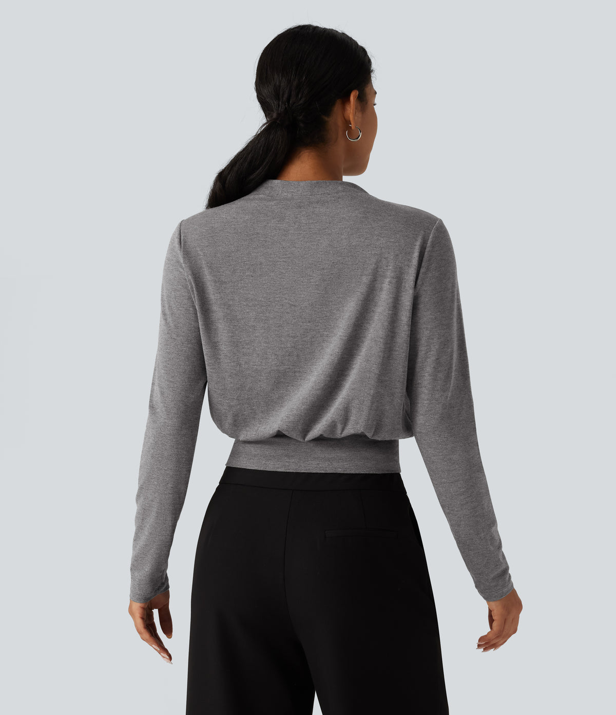 Mock Neck Long Sleeve Boxy Casual Top — Darl Gray Floral Yarn — view 2