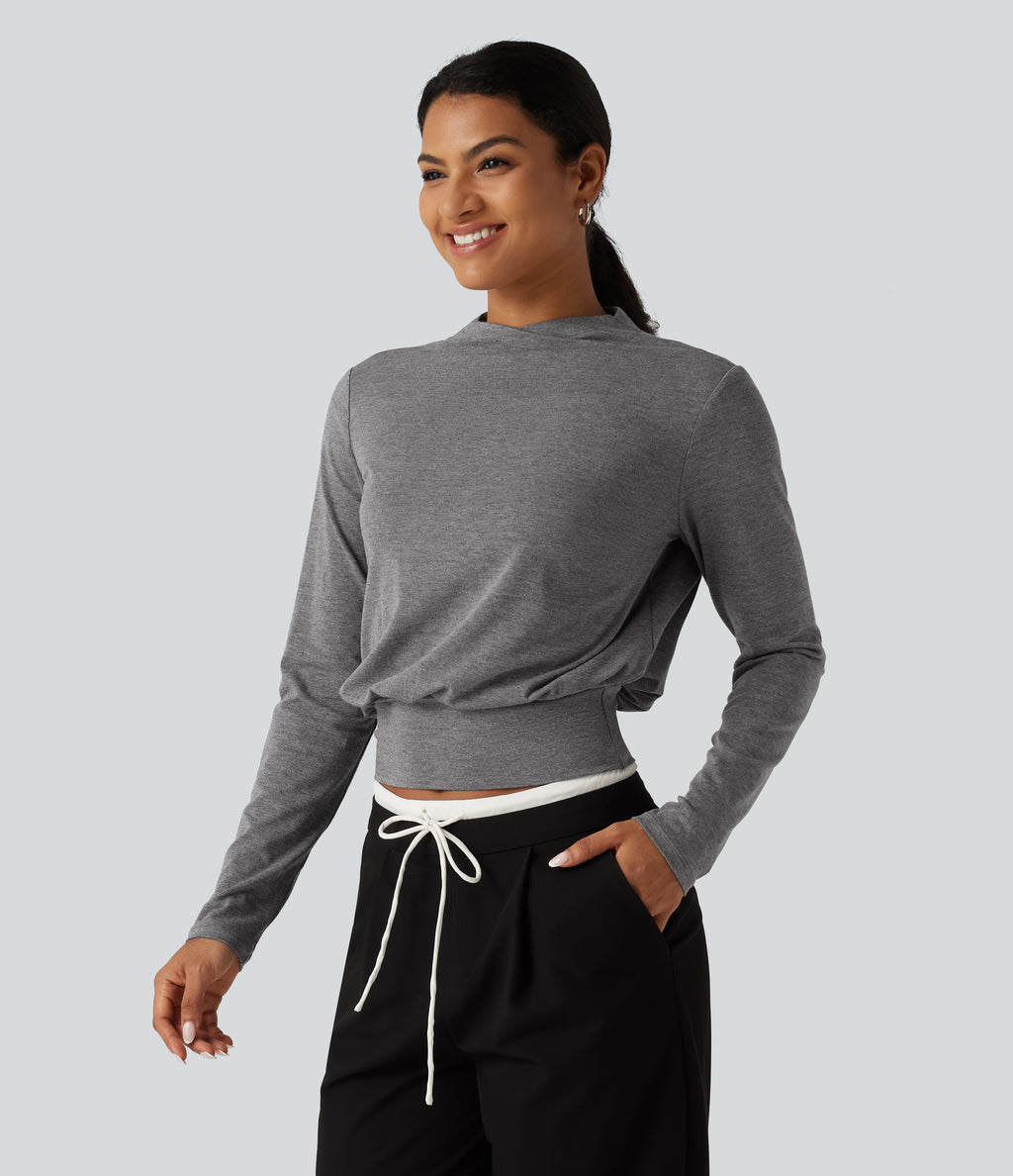 Mock Neck Long Sleeve Boxy Casual Top — Darl Gray Floral Yarn — view 3