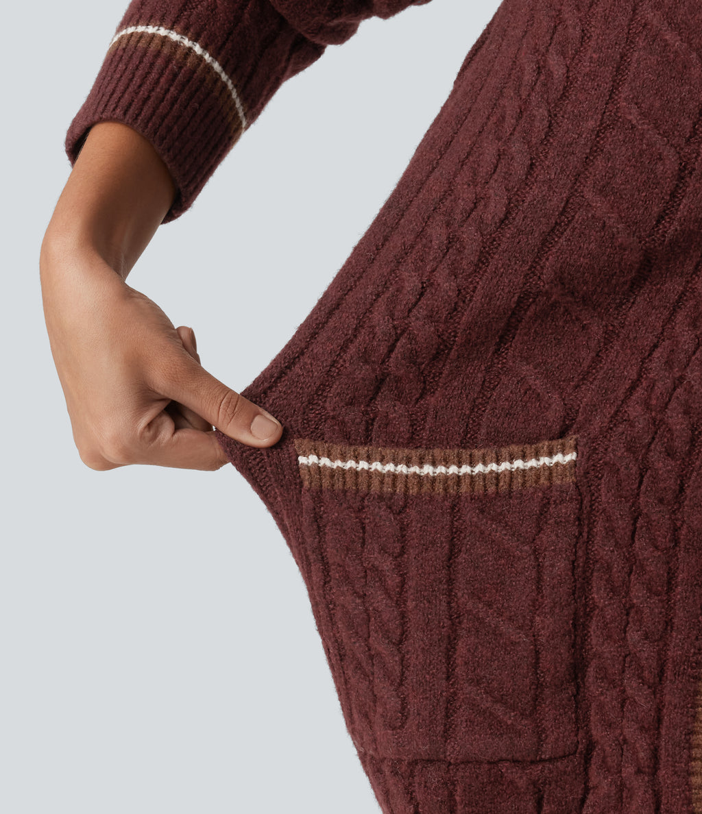 V Neck Long Sleeve Color Block Work Cardigan with Pockets — Berry Red — view 7