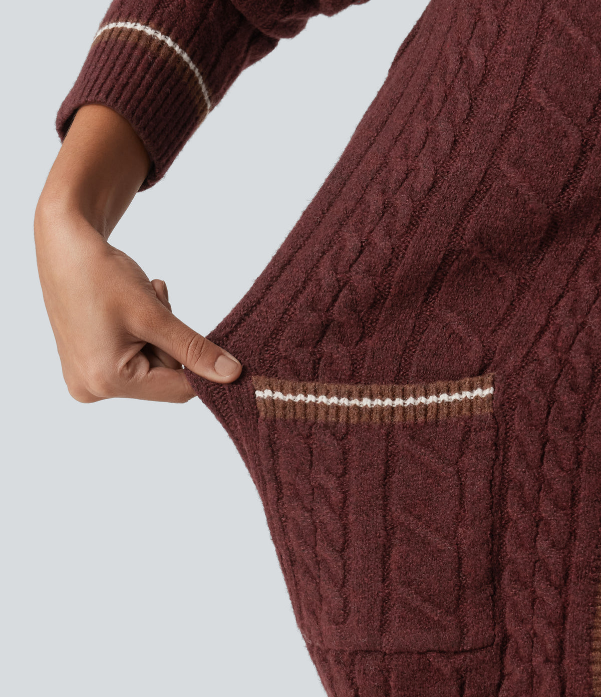 V Neck Long Sleeve Color Block Work Cardigan with Pockets — Berry Red — view 7