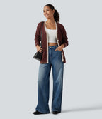 V Neck Long Sleeve Color Block Work Cardigan with Pockets — Berry Red — view 8