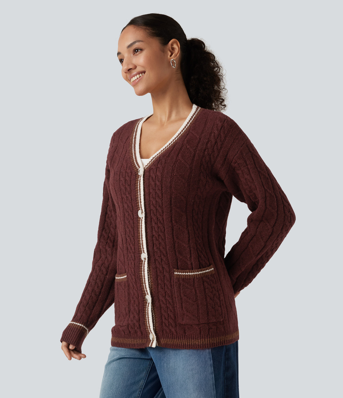 V Neck Long Sleeve Color Block Work Cardigan with Pockets — Berry Red — view 3