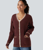 V Neck Long Sleeve Color Block Work Cardigan with Pockets — Berry Red — view 1